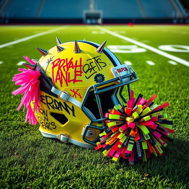 An eye-catching scene displaying a football helmet with a distinct punk style, featuring bold graffiti, spikes, and vibrant colors, positioned next to a cheerleading pom pom designed with a punk flair, incorporating neon hues and edgy accessories