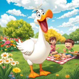 A whimsical and playful scene featuring a cartoon-style goose with exaggerated features, honking joyfully in a vibrant park