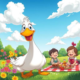 A whimsical and playful scene featuring a cartoon-style goose with exaggerated features, honking joyfully in a vibrant park