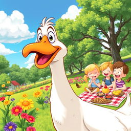 A whimsical and playful scene featuring a cartoon-style goose with exaggerated features, honking joyfully in a vibrant park