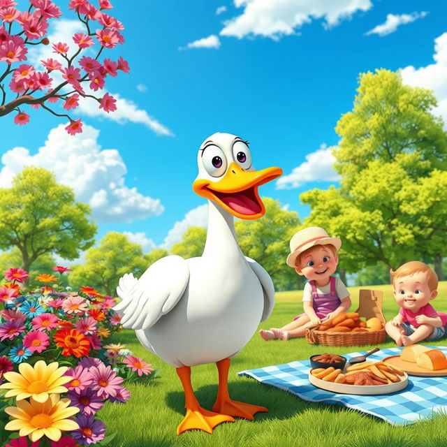 A whimsical and playful scene featuring a cartoon-style goose with exaggerated features, honking joyfully in a vibrant park