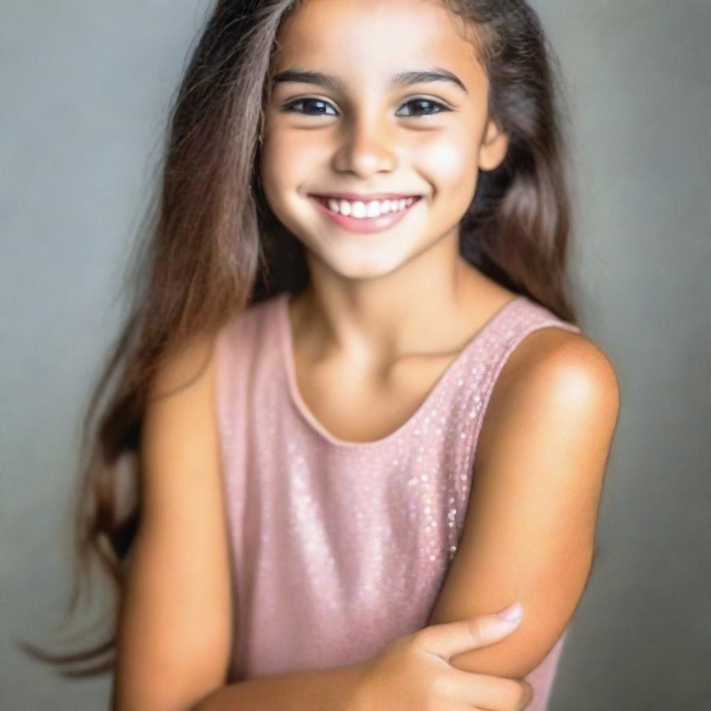 Portrait of a beautiful girl exuding confidence and grace, with sparkling eyes and a smile. Use soft lighting and bold colors to emphasize her features.