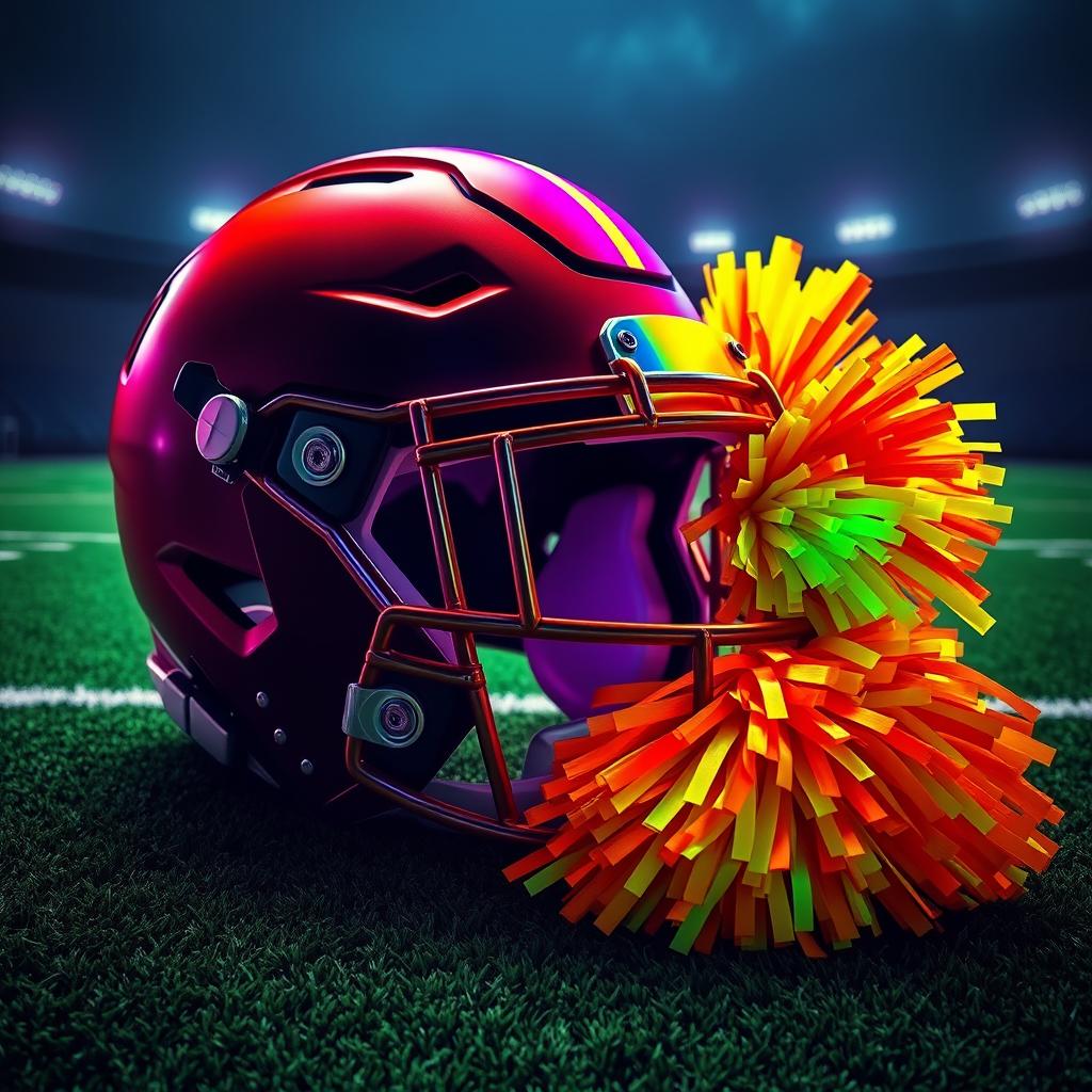 A dynamic composition featuring a football helmet adorned with neon colors and dark accents, capturing a futuristic and energetic vibe