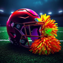 A dynamic composition featuring a football helmet adorned with neon colors and dark accents, capturing a futuristic and energetic vibe