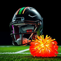 A dynamic composition featuring a football helmet adorned with neon colors and dark accents, capturing a futuristic and energetic vibe