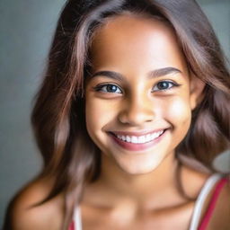 Portrait of a beautiful girl exuding confidence and grace, with sparkling eyes and a smile. Use soft lighting and bold colors to emphasize her features.