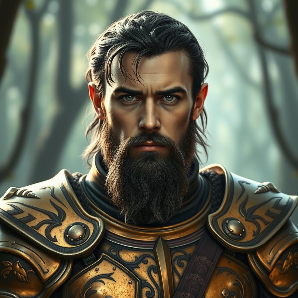 An elven warrior wearing a worn golden armor reminiscent of Elrond's armor from The Lord of the Rings