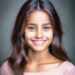 Portrait of a beautiful girl exuding confidence and grace, with sparkling eyes and a smile. Use soft lighting and bold colors to emphasize her features.