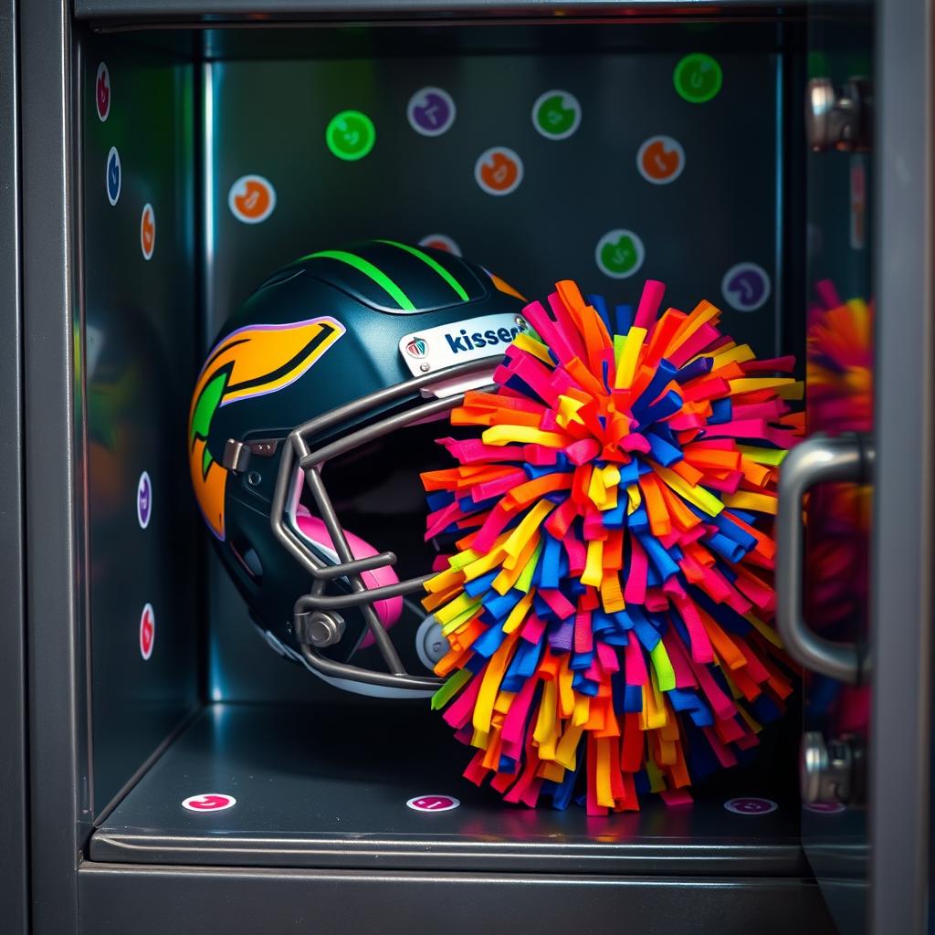 An opened high school locker filled with vibrant and colorful contents, prominently featuring a football helmet embellished with dark and neon accents, alongside a cheerleading pom pom bursting with bright colors and dynamic textures