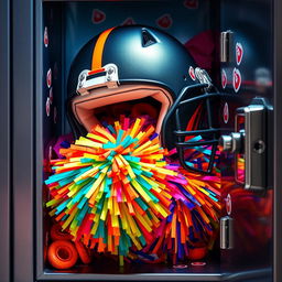 An opened high school locker filled with vibrant and colorful contents, prominently featuring a football helmet embellished with dark and neon accents, alongside a cheerleading pom pom bursting with bright colors and dynamic textures