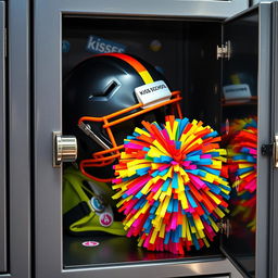 An opened high school locker filled with vibrant and colorful contents, prominently featuring a football helmet embellished with dark and neon accents, alongside a cheerleading pom pom bursting with bright colors and dynamic textures