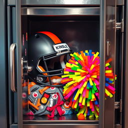 An opened high school locker filled with vibrant and colorful contents, prominently featuring a football helmet embellished with dark and neon accents, alongside a cheerleading pom pom bursting with bright colors and dynamic textures