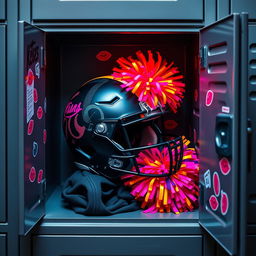 An opened high school locker filled with an eclectic mix of items, prominently featuring a football helmet decorated with dark and neon colors, along with a cheerleading pom pom bursting with bright, eye-catching hues