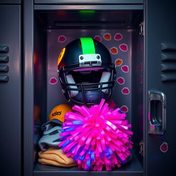 An opened high school locker filled with an eclectic mix of items, prominently featuring a football helmet decorated with dark and neon colors, along with a cheerleading pom pom bursting with bright, eye-catching hues