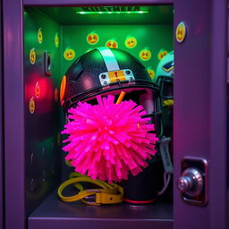 An opened high school locker filled with an eclectic mix of items, prominently featuring a football helmet decorated with dark and neon colors, along with a cheerleading pom pom bursting with bright, eye-catching hues