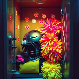 An opened high school locker filled with an eclectic mix of items, prominently featuring a football helmet decorated with dark and neon colors, along with a cheerleading pom pom bursting with bright, eye-catching hues