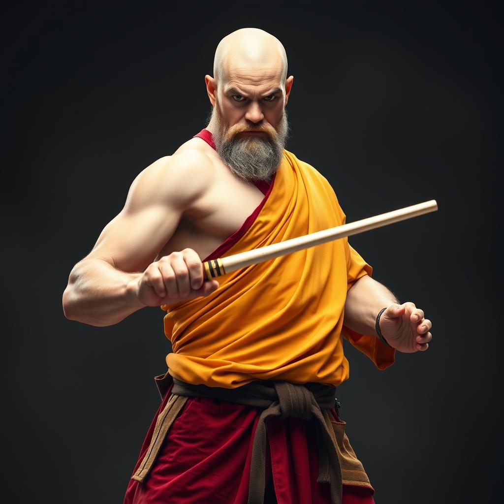 A full-body image of a tall, muscular human monk, approximately 1