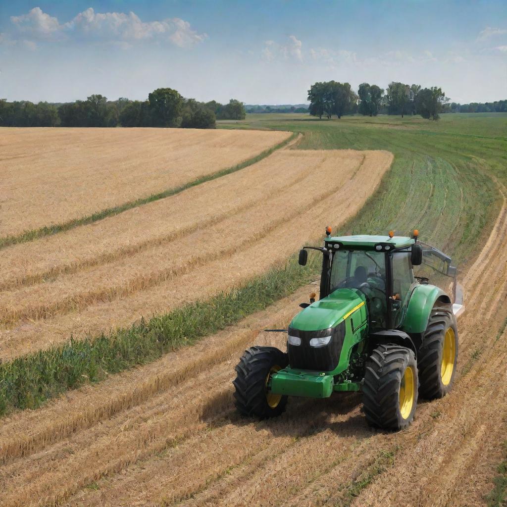 Design a banner featuring a cutting-edge farmer of the future who is implementing advanced technologies and sustainable practices in agriculture. Include futuristic farm equipment, wheat fields, and holographic screens displaying agricultural data.