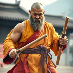 A full-body image of a large human monk, around 40 years old, muscular build, standing approximately 1