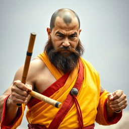 A full-body image of a large human monk, around 40 years old, muscular build, standing approximately 1