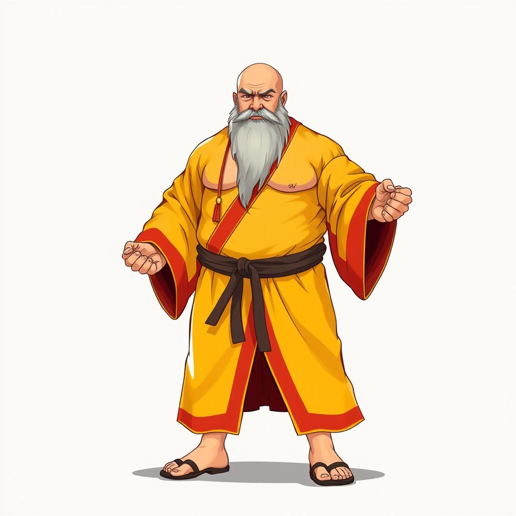 A full-body illustration of a large human monk, around 40 years old, with a muscular build and standing approximately 1