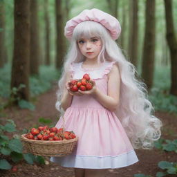 Anime-style girl with long, wavy white hair, violet sanpaku eyes, and a cold expression. She's wearing a white strawberry hat and a dress with 3D strawberry stripes. She carries a basket full of strawberries and a pig-shaped bag, standing in a magical strawberry-filled forest.