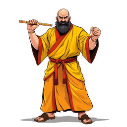 A full-body illustration of a large human monk, around 40 years old, with a muscular build and standing approximately 1