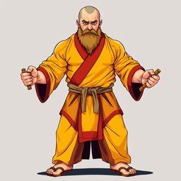 A full-body illustration of a large human monk, around 40 years old, with a muscular build and standing approximately 1