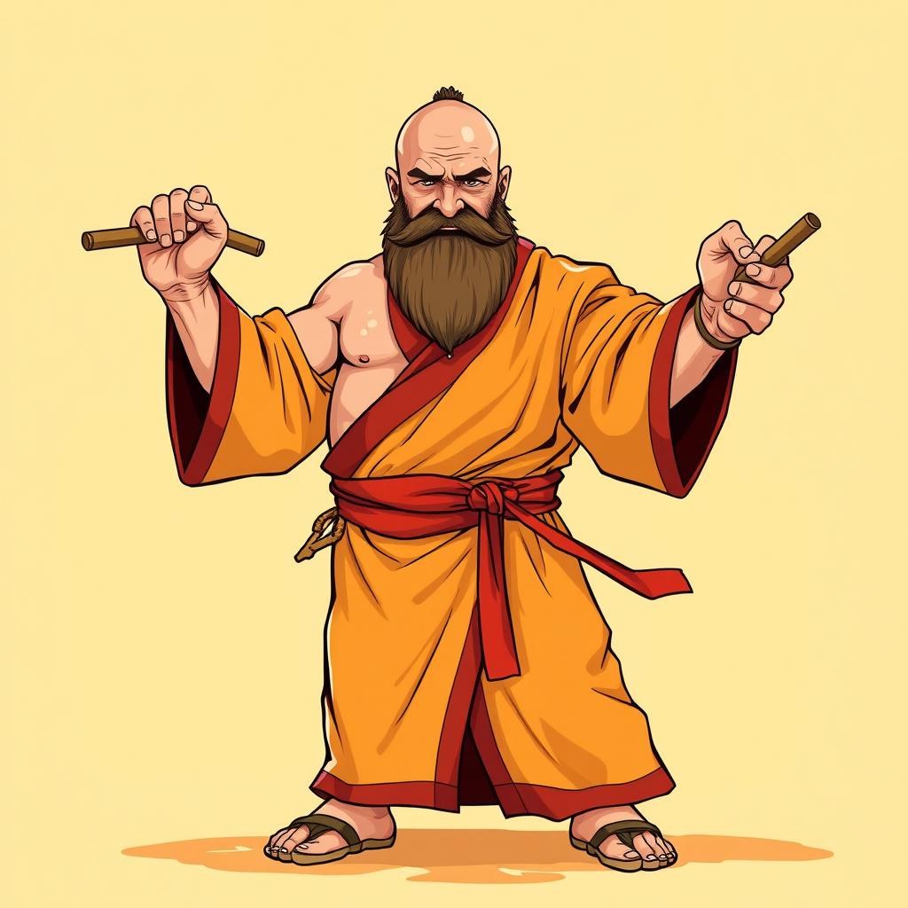 A full-body illustration of a large human monk, around 40 years old, with a muscular build and standing approximately 1