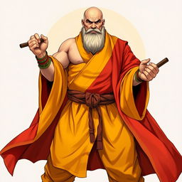 A full-body illustration of a large human monk, around 40 years old, with a muscular build and standing approximately 1