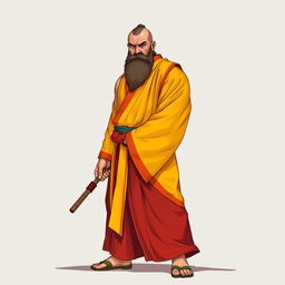 A full-body illustration of a large human monk, around 40 years old, with a muscular build and standing approximately 1