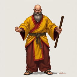 A full-body illustration of a large human monk, around 40 years old, with a muscular build and standing approximately 1