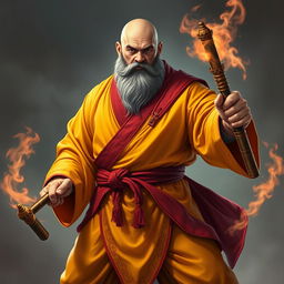 A full-body image of a large human monk, around 40 years old, with a muscular build and standing approximately 1