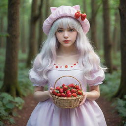 Anime-style girl with long, wavy white hair, violet sanpaku eyes, and a cold expression. She's wearing a white strawberry hat and a dress with 3D strawberry stripes. She carries a basket full of strawberries and a pig-shaped bag, standing in a magical strawberry-filled forest.