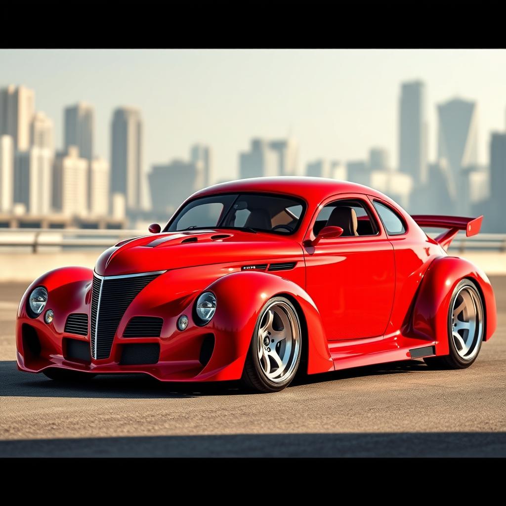 A stunning fusion supercar that combines the classic design of a red 1939 Chevrolet Coupe with a custom hood and widebody style, alongside futuristic elements inspired by avant-garde BMW aesthetics