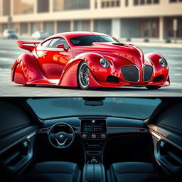 A stunning fusion supercar that combines the classic design of a red 1939 Chevrolet Coupe with a custom hood and widebody style, alongside futuristic elements inspired by avant-garde BMW aesthetics