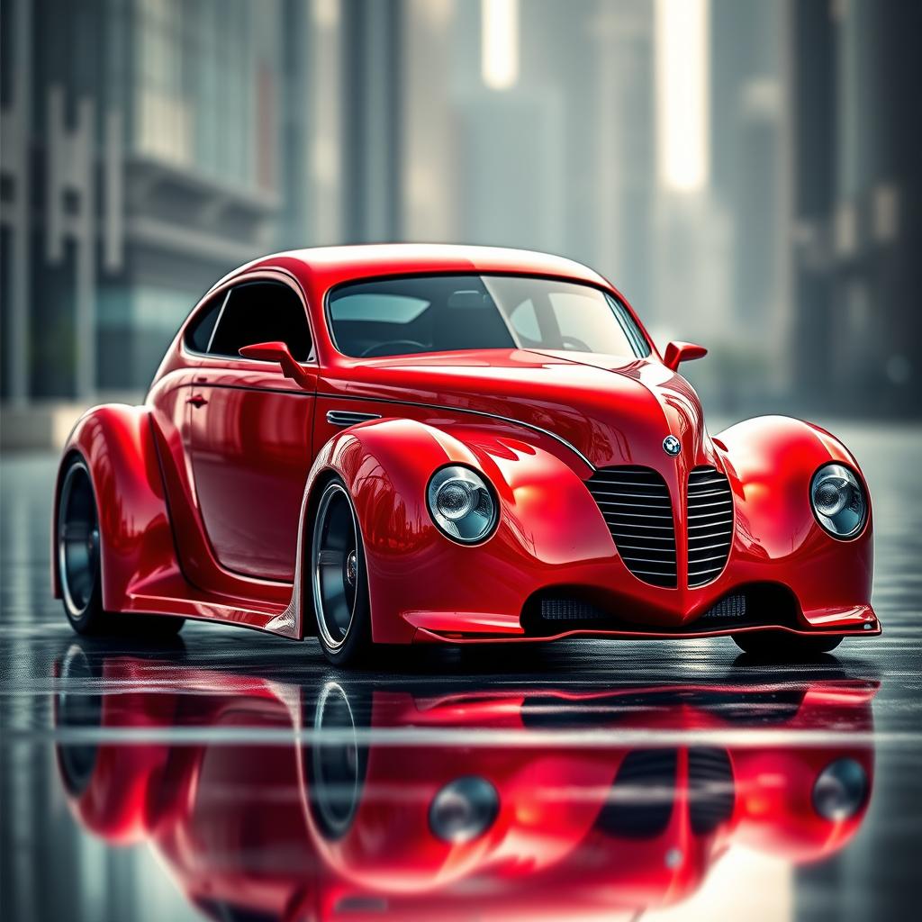 A stunning fusion supercar that combines the classic design of a red 1939 Chevrolet Coupe with a custom hood and widebody style, alongside futuristic elements inspired by avant-garde BMW aesthetics