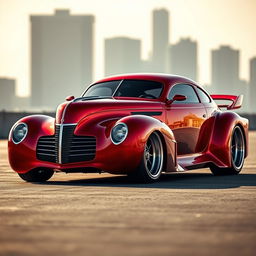 A stunning fusion supercar that combines the classic design of a red 1939 Chevrolet Coupe with a custom hood and widebody style, alongside futuristic elements inspired by avant-garde BMW aesthetics