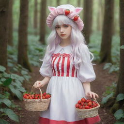 Anime-style girl with long, wavy white hair, violet sanpaku eyes, and a cold expression. She's wearing a white strawberry hat and a dress with 3D strawberry stripes. She carries a basket full of strawberries and a pig-shaped bag, standing in a magical strawberry-filled forest.