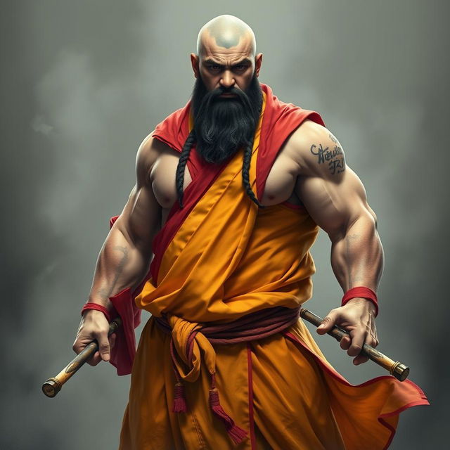 A full-body image of a large human monk, around 40 years old, very muscular and standing approximately 1