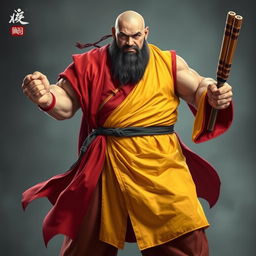 A full-body image of a large human monk, around 40 years old, very muscular and standing approximately 1