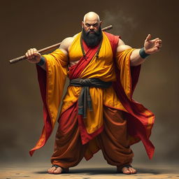 A full-body image of a large human monk, around 40 years old, very muscular and standing approximately 1