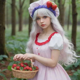 Anime-style girl with long, wavy white hair, violet sanpaku eyes, and a cold expression. She's wearing a white strawberry hat and a dress with 3D strawberry stripes. She carries a basket full of strawberries and a pig-shaped bag, standing in a magical strawberry-filled forest.