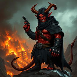 Gumong Steamfire, a 32-year-old adult tiefling barbarian, rendered in a dramatic fantasy setting