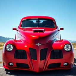 A stunning supercar that merges the classic elegance of a red 1939 Chevrolet Coupe with a custom hood and widebody style, combined with the avant-garde futuristic design elements of a BMW and Camaro