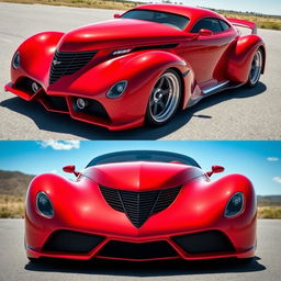 A stunning supercar that merges the classic elegance of a red 1939 Chevrolet Coupe with a custom hood and widebody style, combined with the avant-garde futuristic design elements of a BMW and Camaro