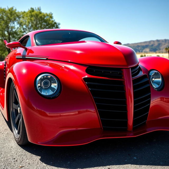 A stunning supercar that merges the classic elegance of a red 1939 Chevrolet Coupe with a custom hood and widebody style, combined with the avant-garde futuristic design elements of a BMW and Camaro