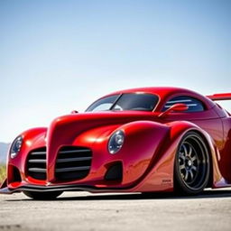 A stunning supercar that merges the classic elegance of a red 1939 Chevrolet Coupe with a custom hood and widebody style, combined with the avant-garde futuristic design elements of a BMW and Camaro
