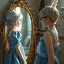 A captivating scene featuring a young girl with silver hair and delicate snow-white skin, dressed in a beautiful blue dress