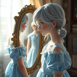 A captivating scene featuring a young girl with silver hair and delicate snow-white skin, dressed in a beautiful blue dress